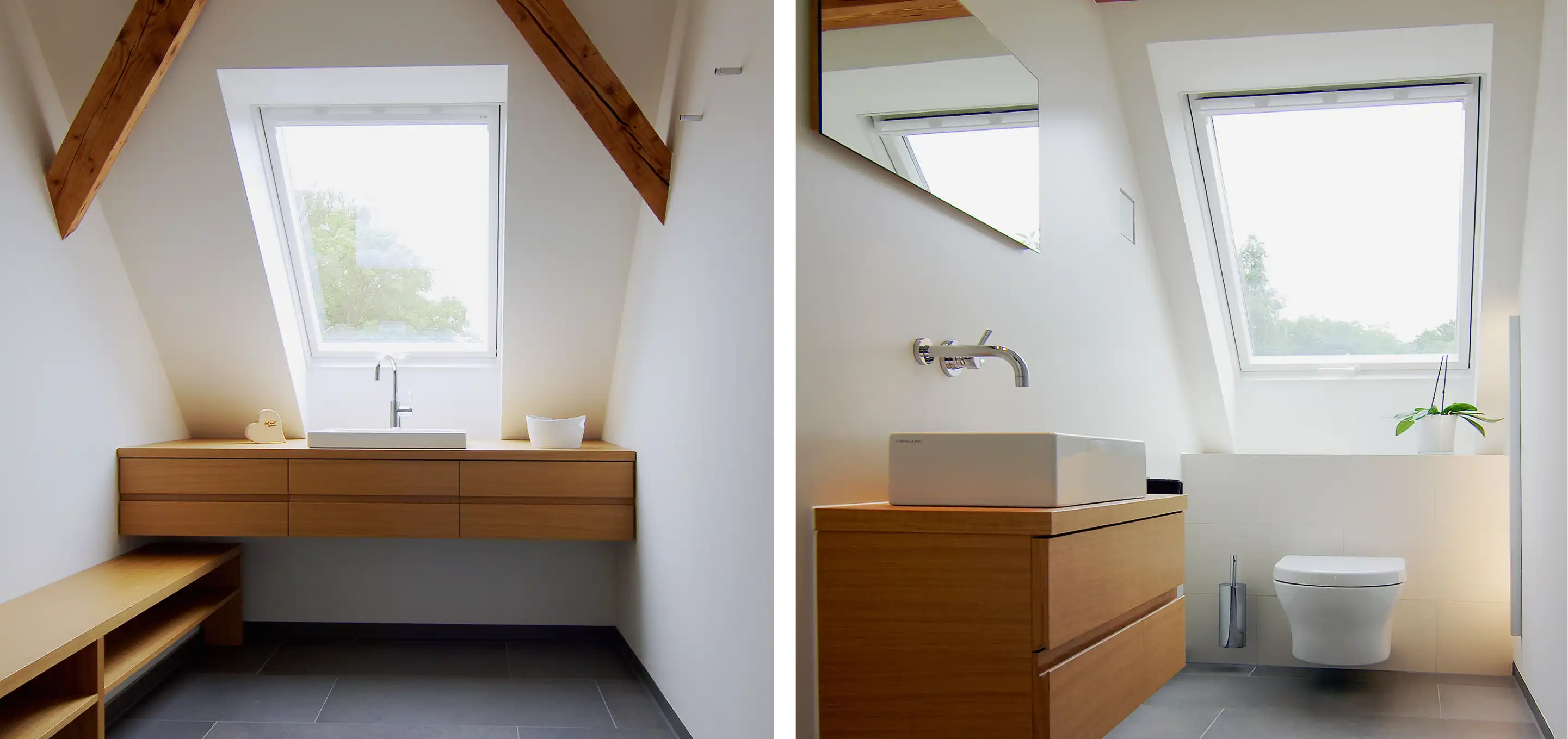 Badezimmer im Dachgeschoss, Waschtisch mit Unterschrank aus Holz