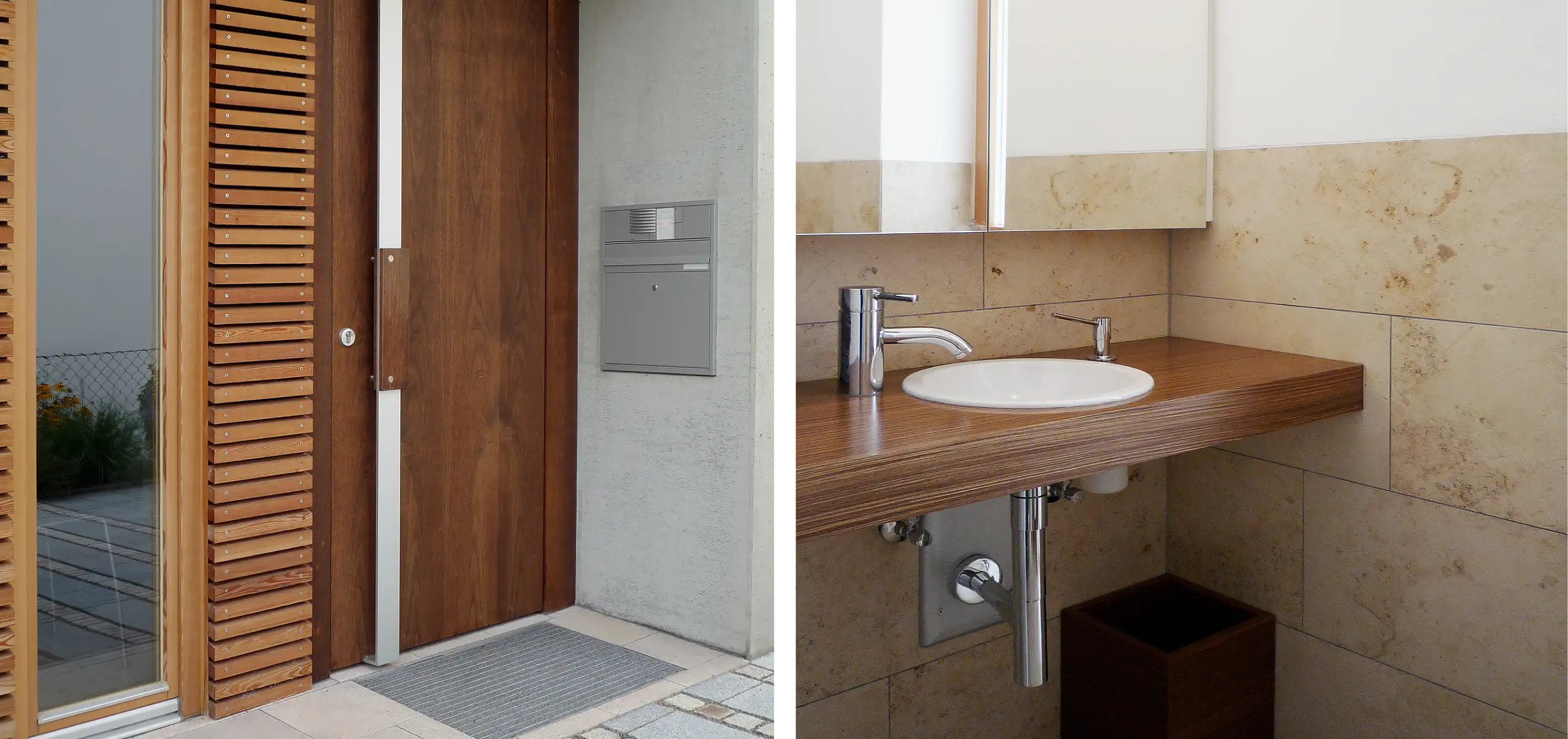 Links Haustür aus Holzpaneelen mit Verglasung, rechts Waschbecken in massiver Holzplatte